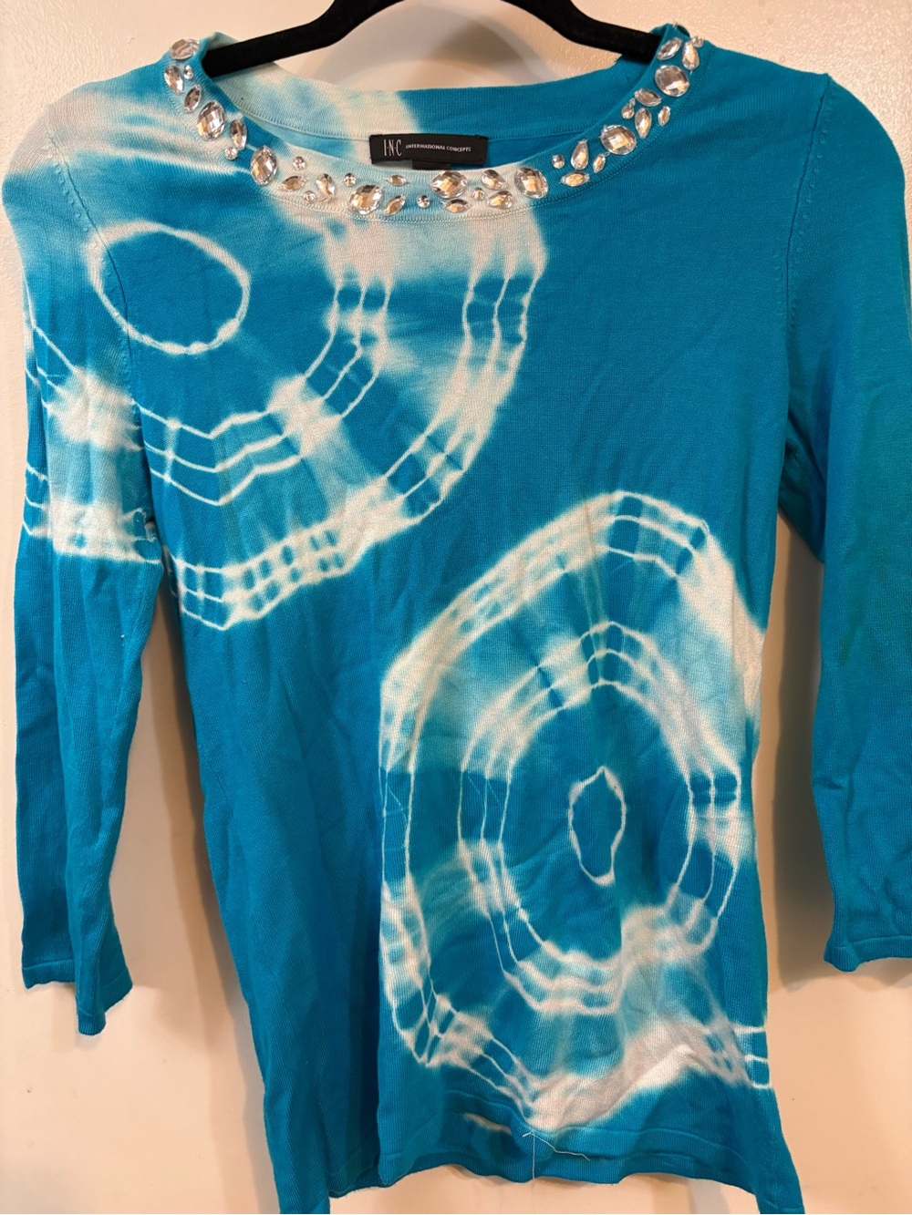 INC International Concepts Turquoise Tie-Dye Jewel Neck 3/4 Sleeve Top